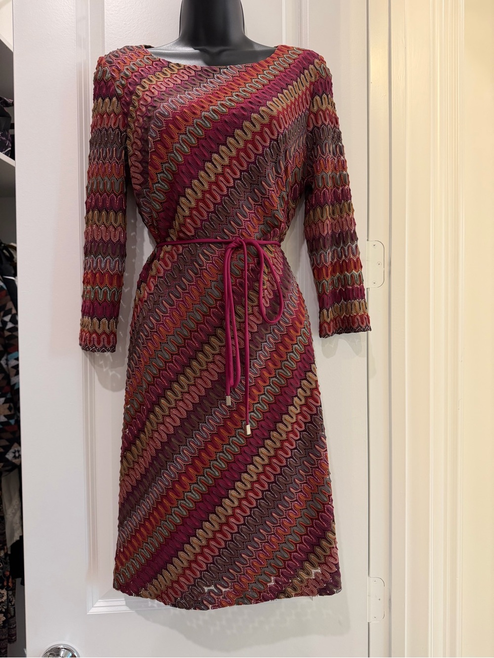 Studio One New York Size 10 Multicolor Crochet Lace Belted Midi Dress Boho